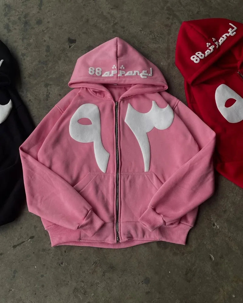 Letter Foam Zipper Hoodie